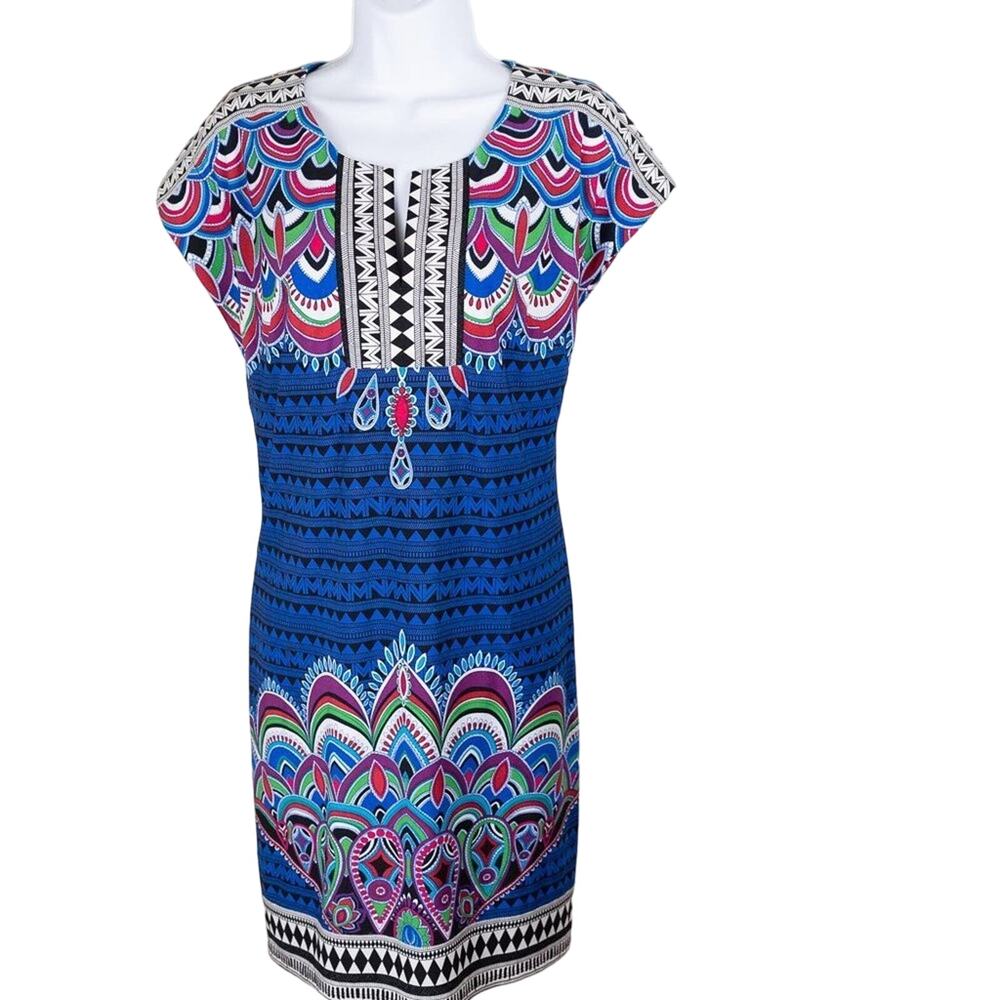 Laundry Vintage Shift Dress Blue Pink Peacock Dress With Cap Sleeves Small
